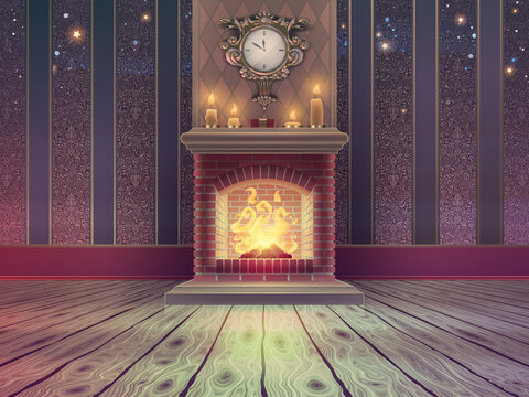 Luxury empty Christmas room template with brick fireplace and fire flames, wooden floor, vintage classic wallpaper pattern, bright candles and golden clock on a wall in vector.