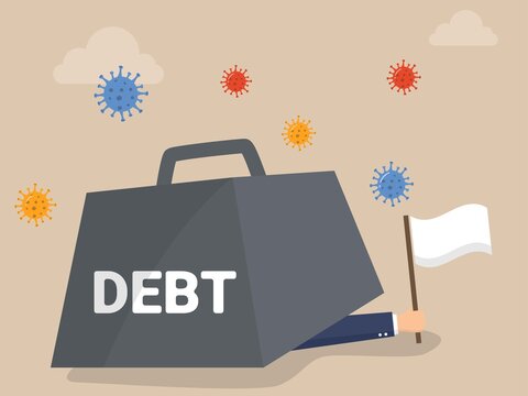 Businessmen raised the white flag because they were crushed by a huge debt burden with the virus, Coronavirus economic crash causing big debt on business and unemployment concept.