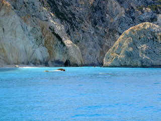 Panoramic view of Porto Katsiki beach in Ionian sea in western Greece. Tourists visit western Greek island for its natural mountainous and Ionian seascape.