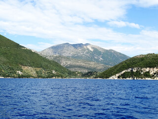 Panoramic view of Ionian island near Nydri village in Lefkada in Greece. Tourists visit Nydri for vacations for its natural mountainous and seascape, also choices of bars and restaurants.
