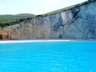 Panoramic view of Porto Katsiki beach in Ionian sea in western Greece. Tourists visit western Greek island for its natural mountainous and Ionian seascape.