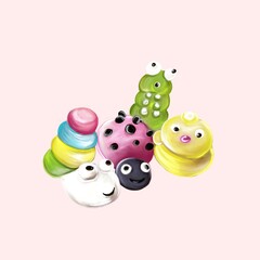 Marshmallow in the form of different animals on a white background, drawn manually in the program Procreate