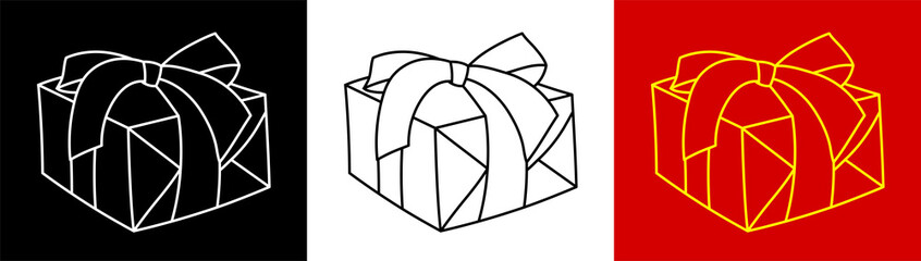 gift holiday boxes icon with bows on top. Gifts and surprises for new year 2021 and birthday. Black and white vector