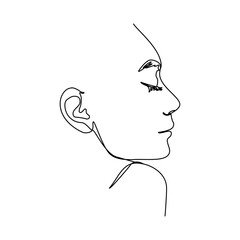 One Line Woman's Face. Continuous line Portrait in Profile of a girl In a Modern Minimalist Style. Vector Illustration For wall art, printing on t-shirts, logos and avatars, etc.