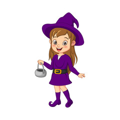 Cartoon witch girl wearing in purple dress and hat