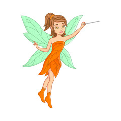 Cartoon little fairy flying with magic stick