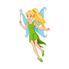 Cartoon little green fairy holding magical star wand