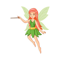 Cartoon little green fairy with magic stick