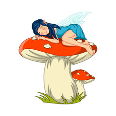 Cartoon little fairy sleeping on mushroom
