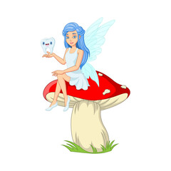 Cartoon little tooth fairy sitting with a tooth on the mushroom