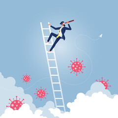 Businessman Looking Forward Overcome the corona virus crisis-Business vision concept, Businessman standing on ladder and use telescope looking for target business 