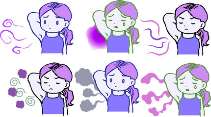 Purple Woman suffering from armpit odor set