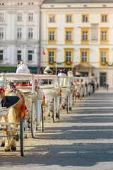 Horse carriage for hire on city street in Krakow, Poland