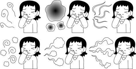 Woman troubled in stinking smell outline set