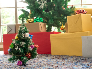 Tree pine green decoration ornament gift ball star yellow red pink blue orange colors and present creative graphic design background use happy merry christmas holiday on season winter december  