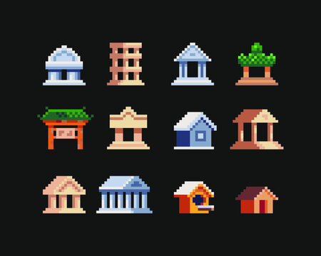 Building Tiny 8-bit Pixel Art Icons Set. Design For Logo, Web, Sticker, App, Badges And Patches. Isolated Vector Illustration.