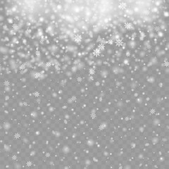 Christmas background with falling snowflakes on transparent background. Vector.
