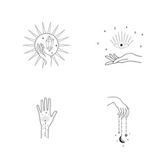 Set of female hand logos in a minimal linear style. Different vector hand gestures with moon, stars and Crystal. Abstract logo for cosmetics or beauty products, tattoo, Spa, manicure, jewelry store.