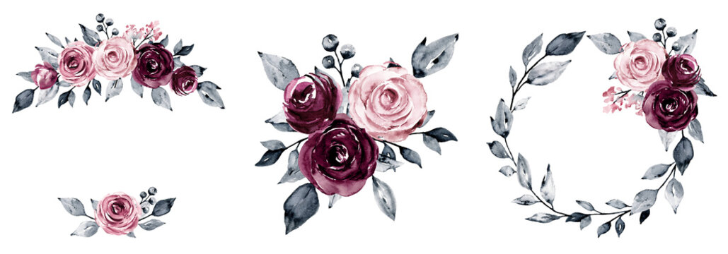 Wreaths of flowers set, floral frames, watercolor flowers pink roses and gray leaves, Illustration hand painted. Isolated on white background. Perfectly for greeting card design.
