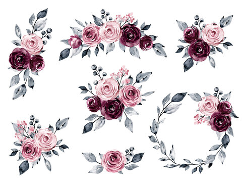 Set watercolor flowers hand painting, floral vintage bouquets with pink and purple roses. Decoration for poster, greeting card, birthday, wedding design. Isolated on white background.