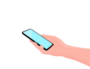 Mobile phone in the hand. Man holds black smartphone. Finger touching screen. Copy space for your text. Vector illustration, white background