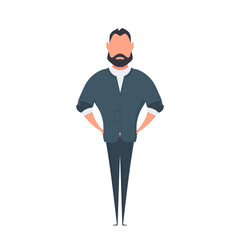 Bearded businessman in cartoon style. The man holds his hands on his belt. Isolated. Vector.