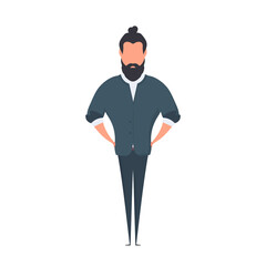 Bearded businessman in cartoon style. The man holds his hands on his belt. Isolated. Vector.