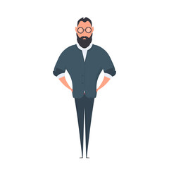 Bearded businessman in cartoon style. The man holds his hands on his belt. Isolated. Vector.