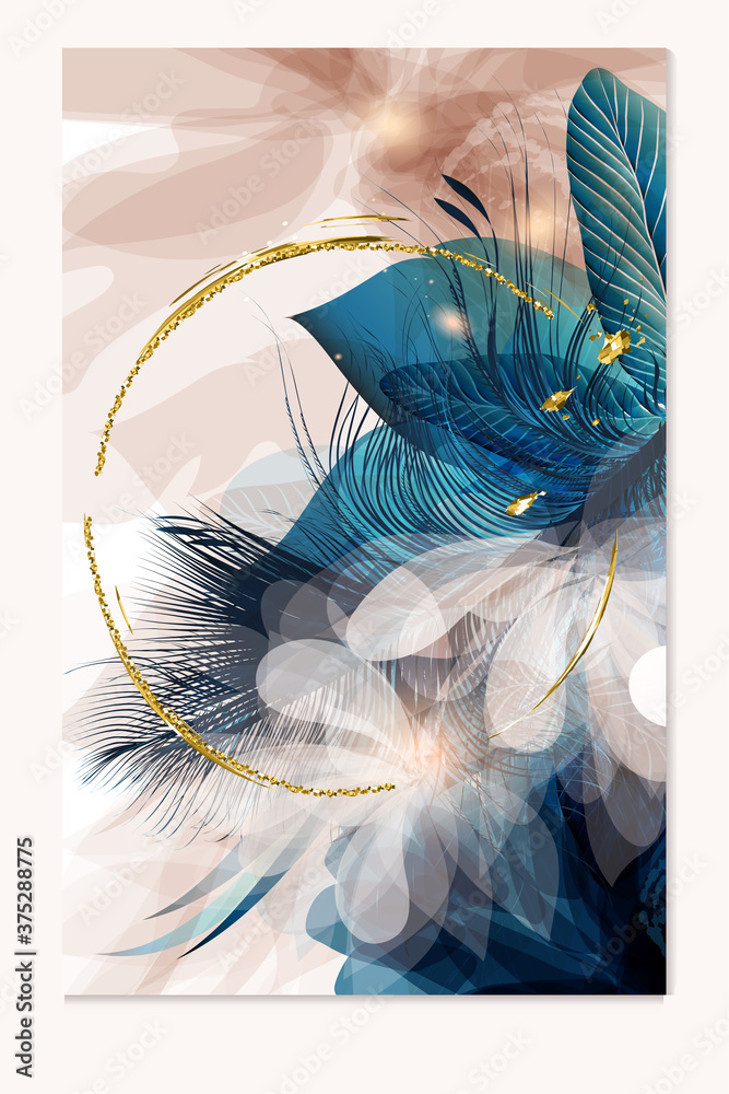 Aufkleber brochure vector design, abstract templates in blue and pink colors with feathers and sparkles