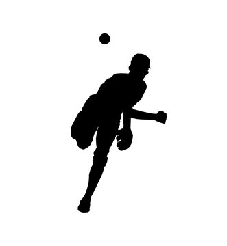 Baseball pitcher throwing ball silhouette, vector silhouette of a baseball player, isolated on white background.