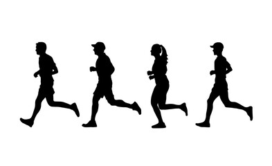Obraz na płótnie Canvas Runners silhouette, silhouette group of 4 joggers running together, vector silhouette graphics isolated on white background.