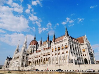 Hungarian Parliament Building in Pest ban in Budapest in Hungary. Hungarian Parliament Building is the largest building and a popular travel destination with neo-Gothic?style arch design.