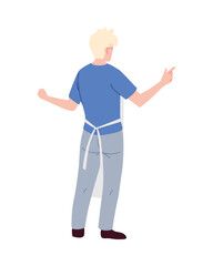 Young cook man from behind standing on white background