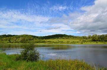 summer landscape with lake,lake, water, nature, landscape, sky, river, summer, blue, clouds, reflection, green, forest, grass, pond, tree, trees, cloud, beauty, beautiful, outdoors, mountain, tranquil