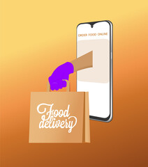 Food delivery app concept.From the workplace or from home. Delivering an order straight from the phone. A smartphone with an arm holding a bag sticking out from it. Delivery business online. 3d render