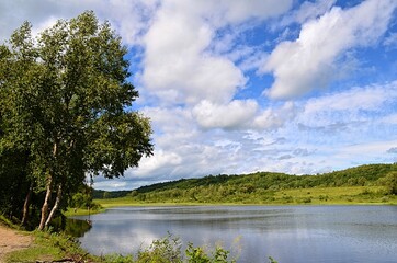 Obraz na płótnie Canvas lake and forest,water, river, sky, landscape, nature, lake, summer, blue, green, forest, clouds, tree, reflection, trees, cloud, grass, scene, beauty, park, beautiful, tranquil, outdoors, day, panoram