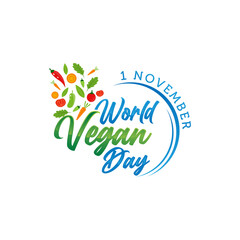 Vector illustration of World Vegan Day text for cards, stickers, for any type of artworks like banners and posters. Hand drawn calligraphy, lettering, typography for the holiday events.