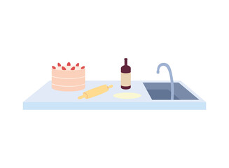 aluminum kitchen countertops with cake and bottle of wine