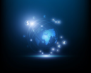 Currency network connection. world map point and line composition concept of global business. illustration eps10 vector