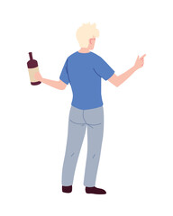 young man standing on his back with a bottle of wine in hand