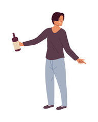 smiling young man with a bottle of wine in his hand