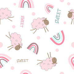 pattern for children with sheep. print for fabric. poster in pink with rainbow and sheep.