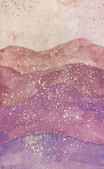 Obraz premium Mountain print. Painted in watercolors in dusty pink with gold sparkles