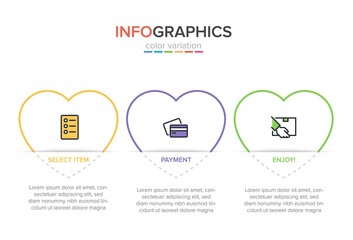 Concept of shopping process with 3 successive steps. Three colorful graphic elements. Timeline design for brochure, presentation, web site. Infographic design layout.