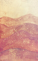 Mountain print. Painted in watercolors in dusty pink with gold sparkles