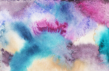 Watercolor background with blue, turquoise, pink and purple spots. Watercolor stains and smudges