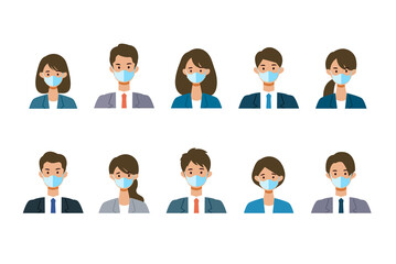 Masked businessman and woman in suits. Different people faces set.