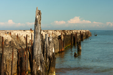 a decaying old concrete breakwater, rusty parts of the structure, old wooden piles stuck in the shore