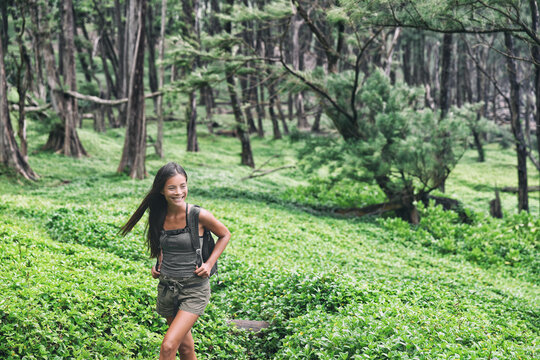 Happy hiker backpacking walking in forest. Hiking Asian woman trekking on trail trek with backpack living healthy active lifestyle. Girl on Hawaii hike in mountain nature landscape.