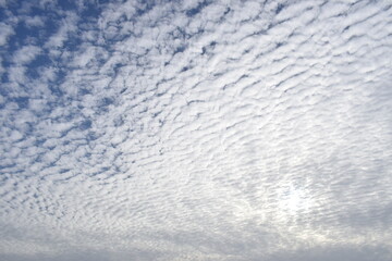 White clouds and the blue sky. Fluffy nature and sun rays